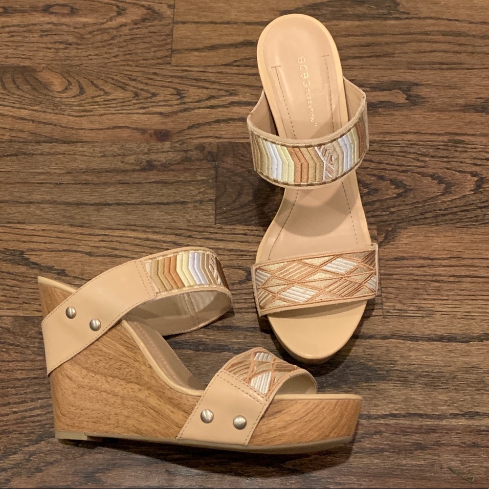 BCBGeneration Tan and Cream Wedges